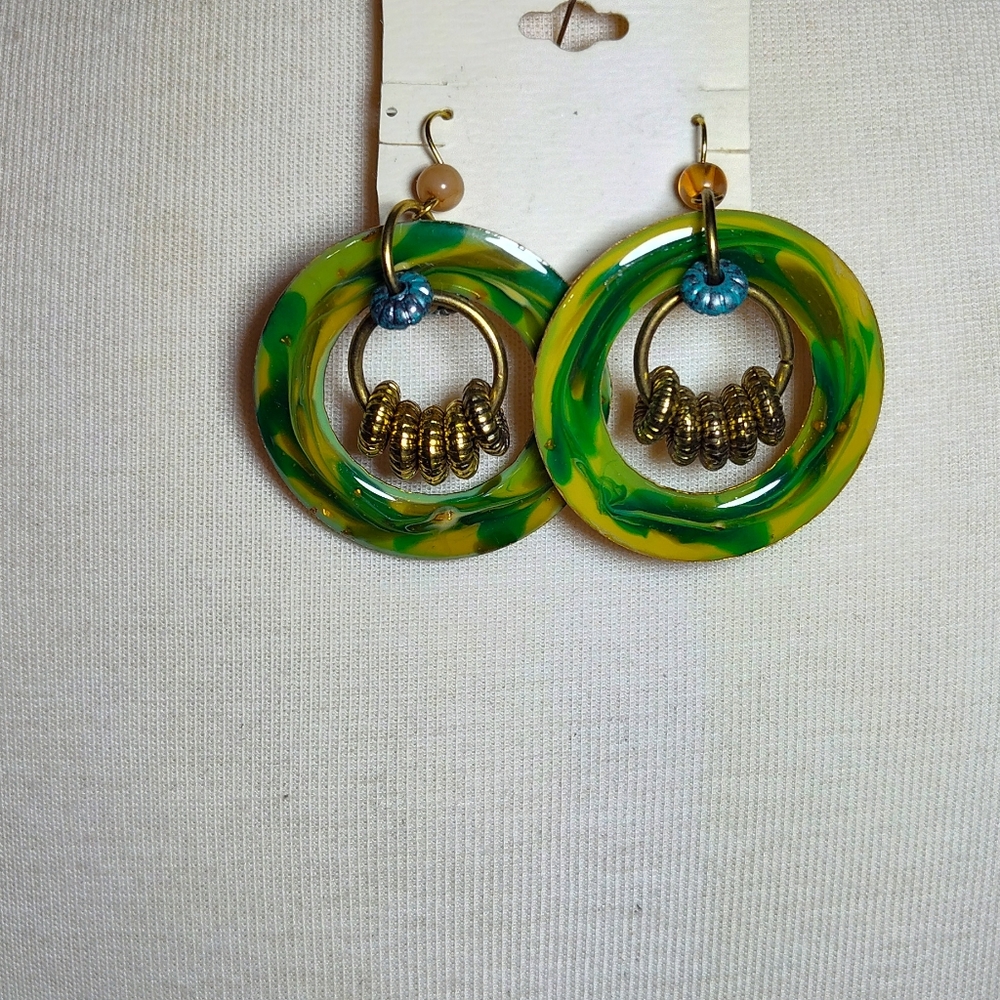 Green and Gold Enamel Hoop Earrings nwot